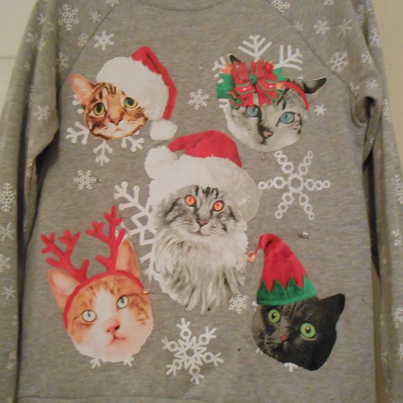 Freeze Flashing Lights Cat Christmas Sweatshirt (Bust 19") - Picture 2 of 10
